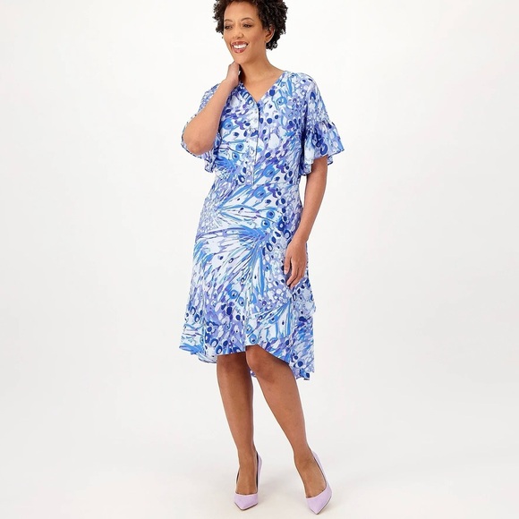 NWOT Isaac Mizrahi Live! Petite Printed Crepe Midi Dress Ruffle Detail Blue - Picture 1 of 13